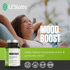 LES Labs Mood Boost packaging shown as part of a wellness routine.
