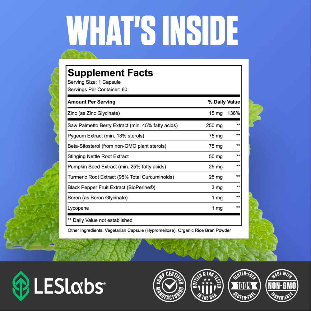 LES Labs Prostate Health nettle root capsules close-up.