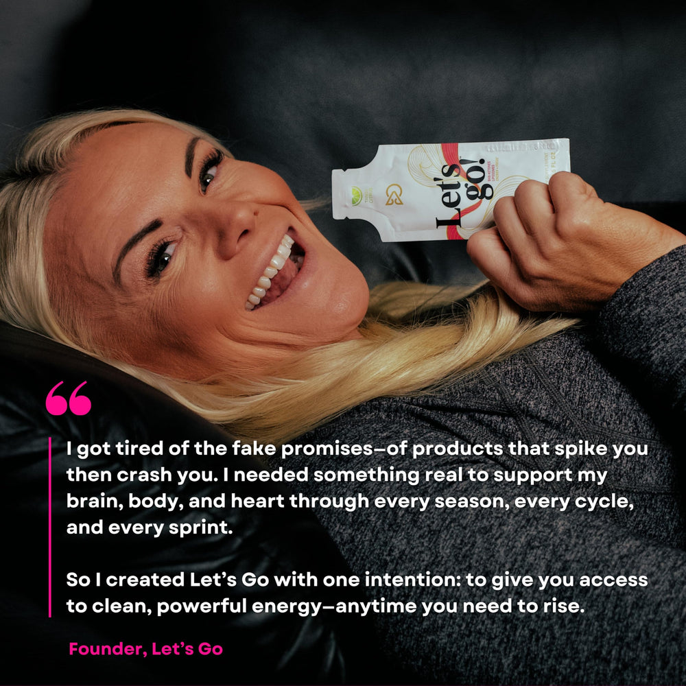 Pre-workout energy scene featuring LET GO gel in use.