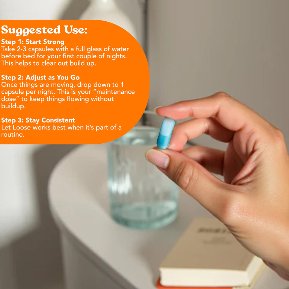 Let Loose capsules inside bottle close-up, easy daily gut support
