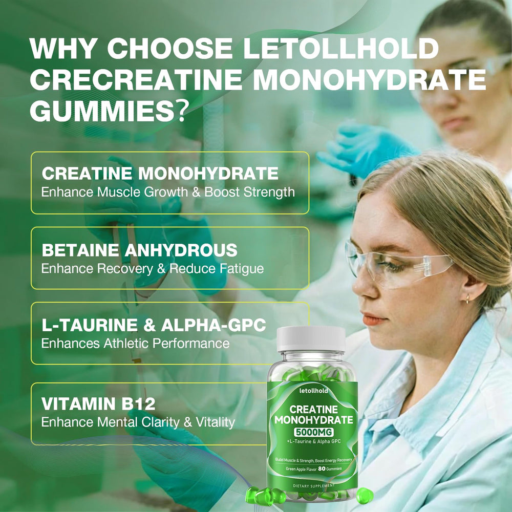 Letollhold Creatine Gummies apple-flavor bottle close-up showing convenient training fuel