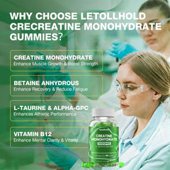 Letollhold Creatine Gummies apple-flavor bottle close-up showing convenient training fuel
