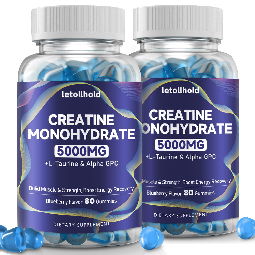 Letollhold creatine gummies blueberry bottle front view for convenient daily workout support.