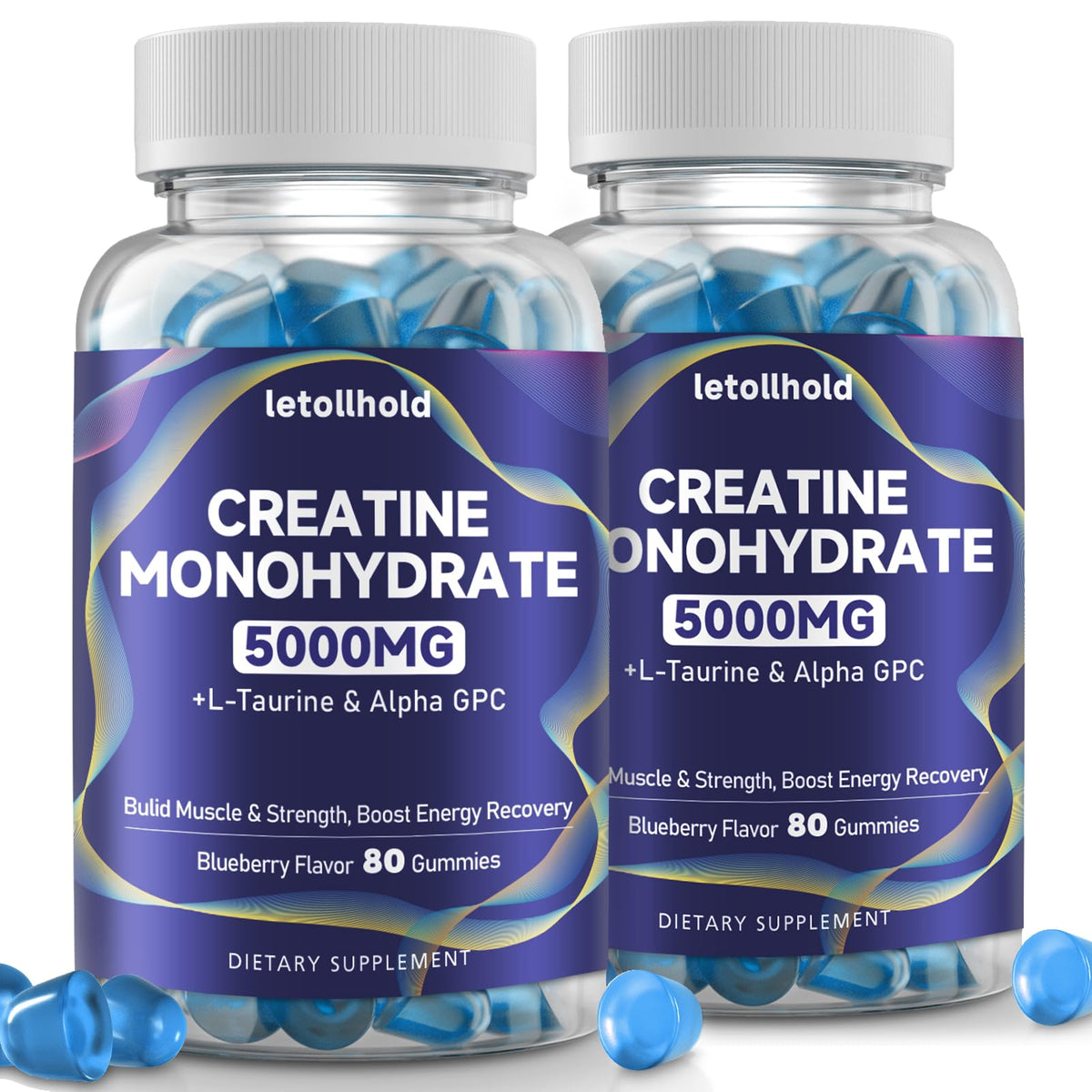 Letollhold creatine gummies blueberry bottle front view for convenient daily workout support.