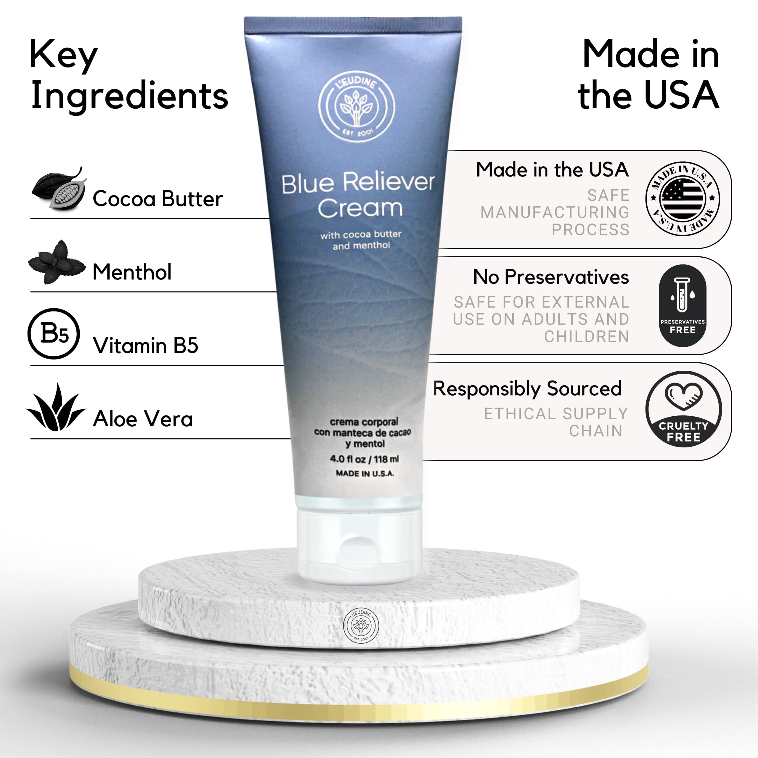 L’EUDINE Blue Reliever Cream cocoa butter menthol closeup highlights natural ingredients.