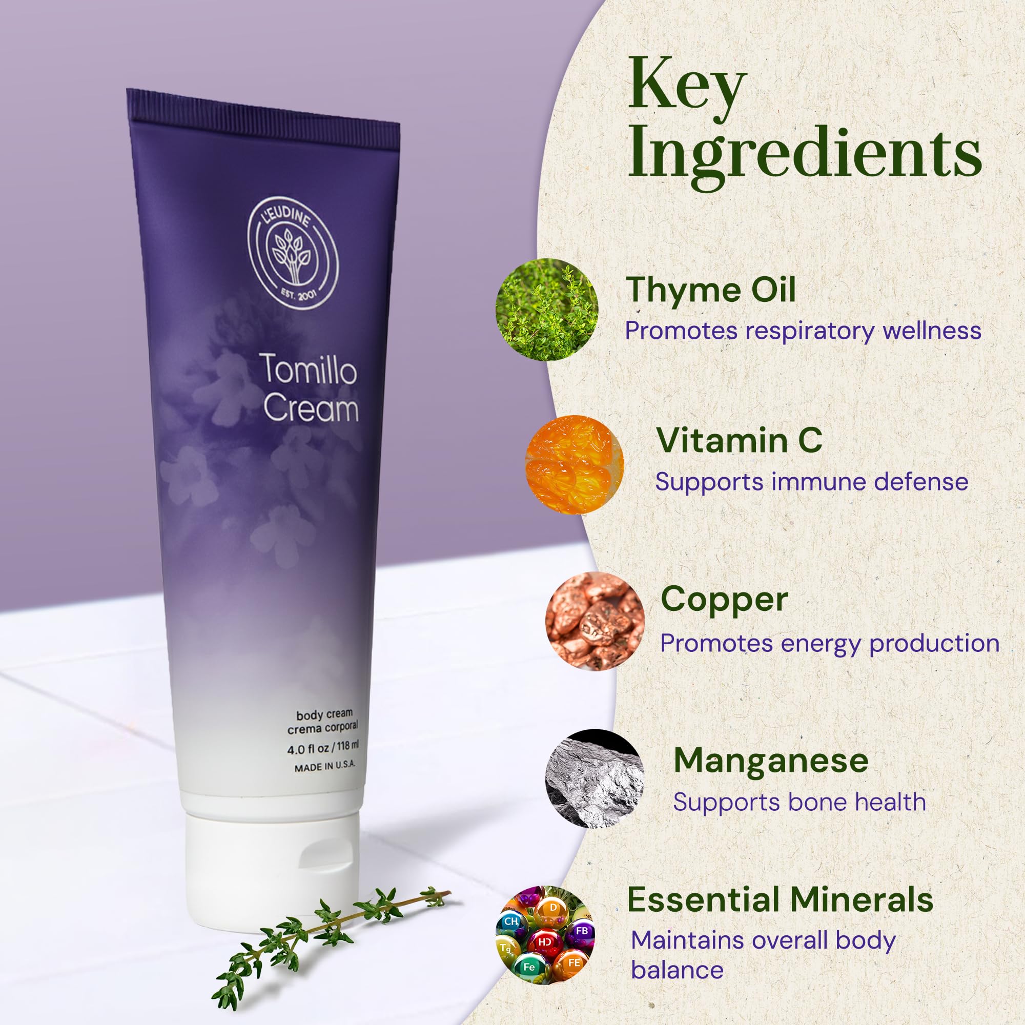 Ingredients of L’EUDINE Thyme Body Cream with thyme minerals