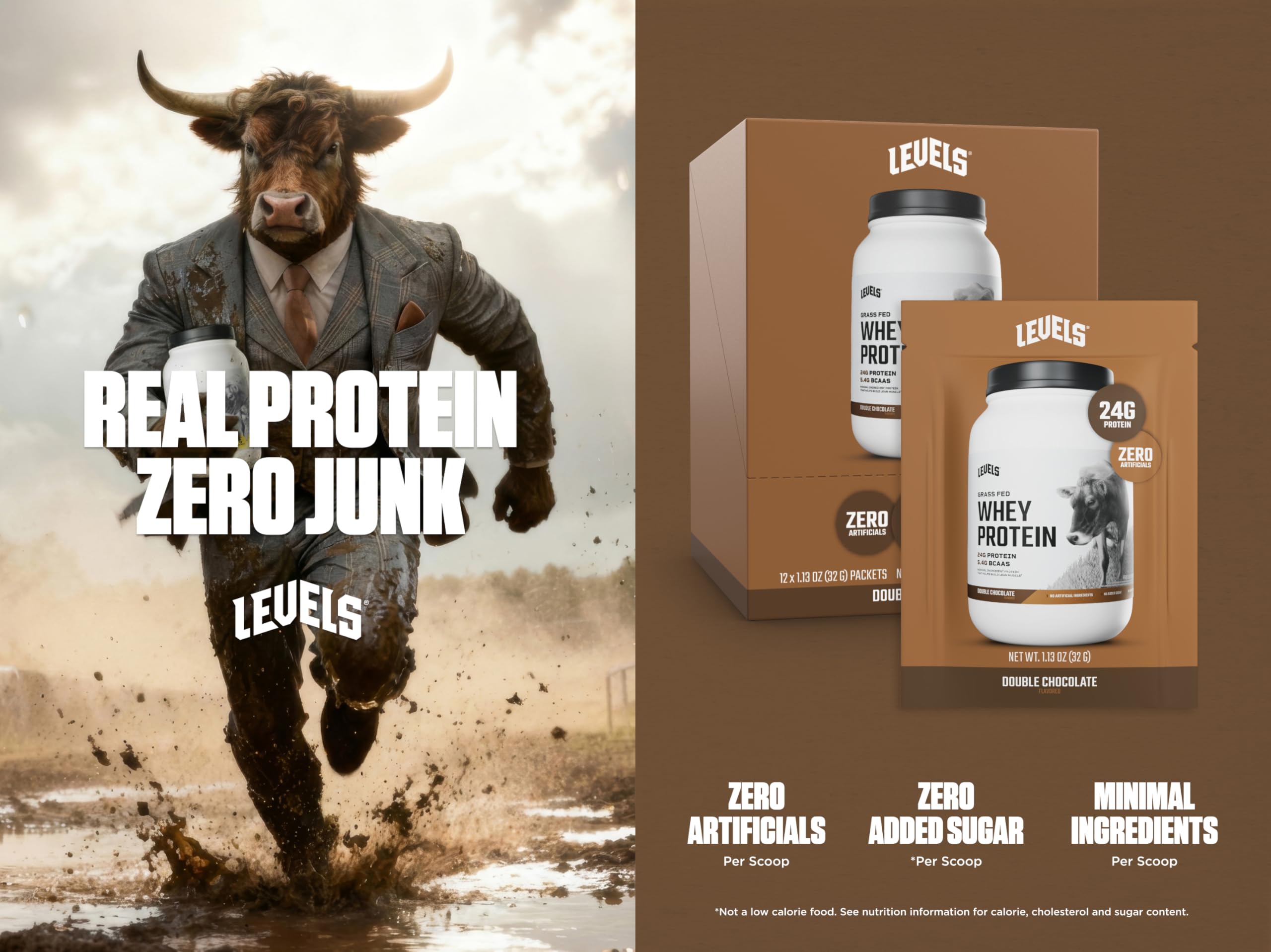 Levels Double Chocolate Whey Scoop - rich flavor for post-workout shakes.
