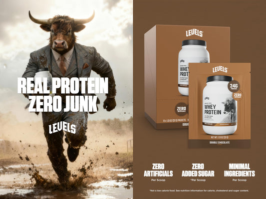 Levels Double Chocolate Whey Scoop - rich flavor for post-workout shakes.