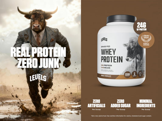 Levels Double Chocolate whey scoop showing high 24g protein.