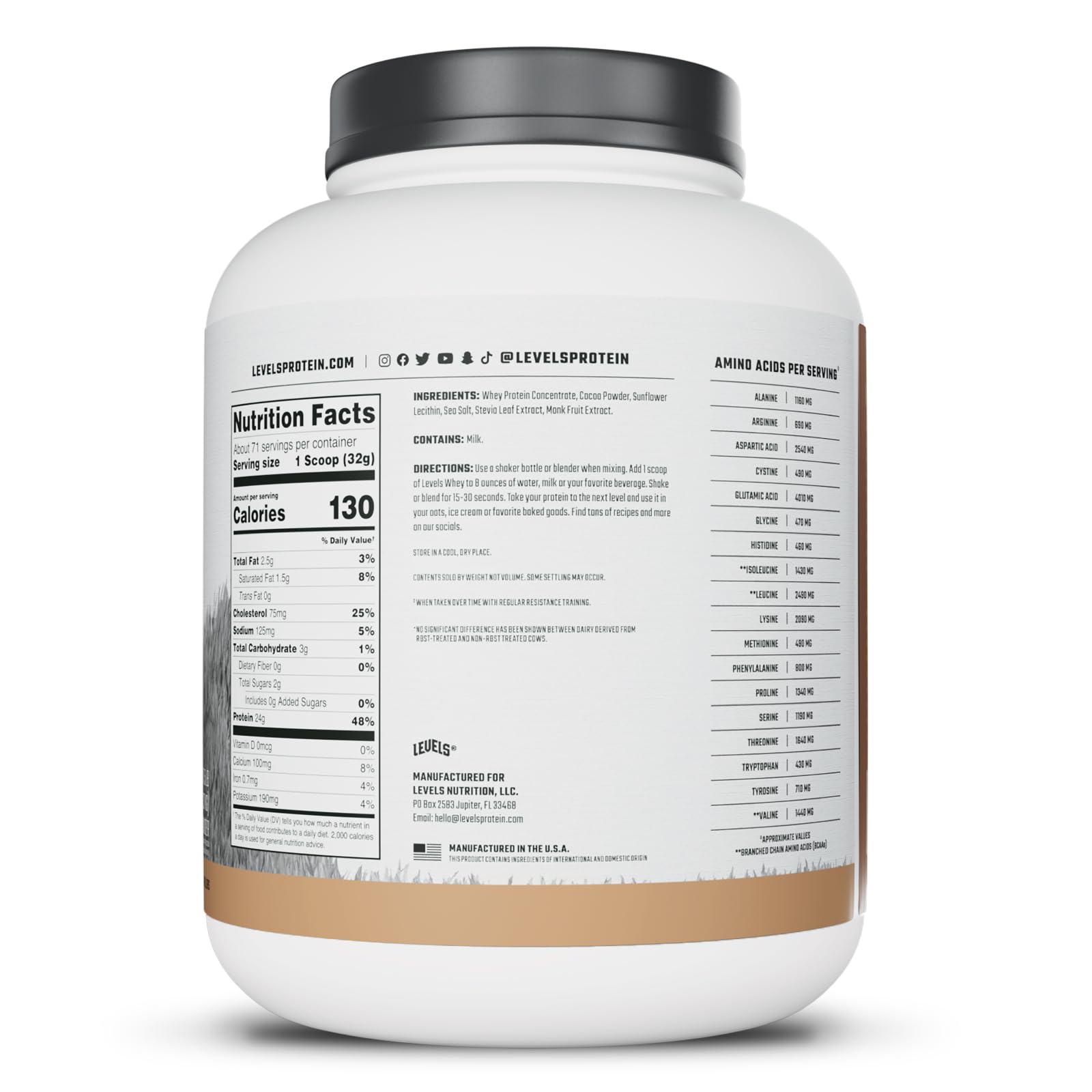 Levels Grass Fed dairy source emphasizes hormone-free, high-quality protein.