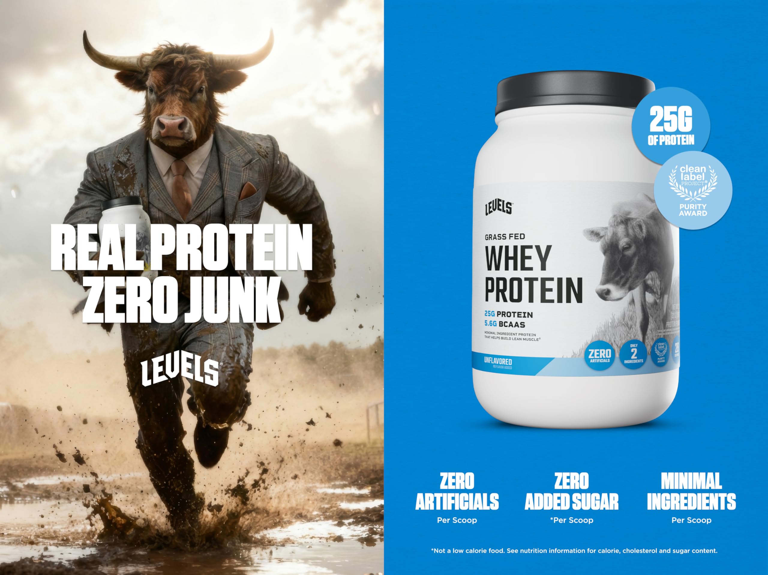 Levels Grass Fed Whey 2lb bag showcasing clean label and ingredients