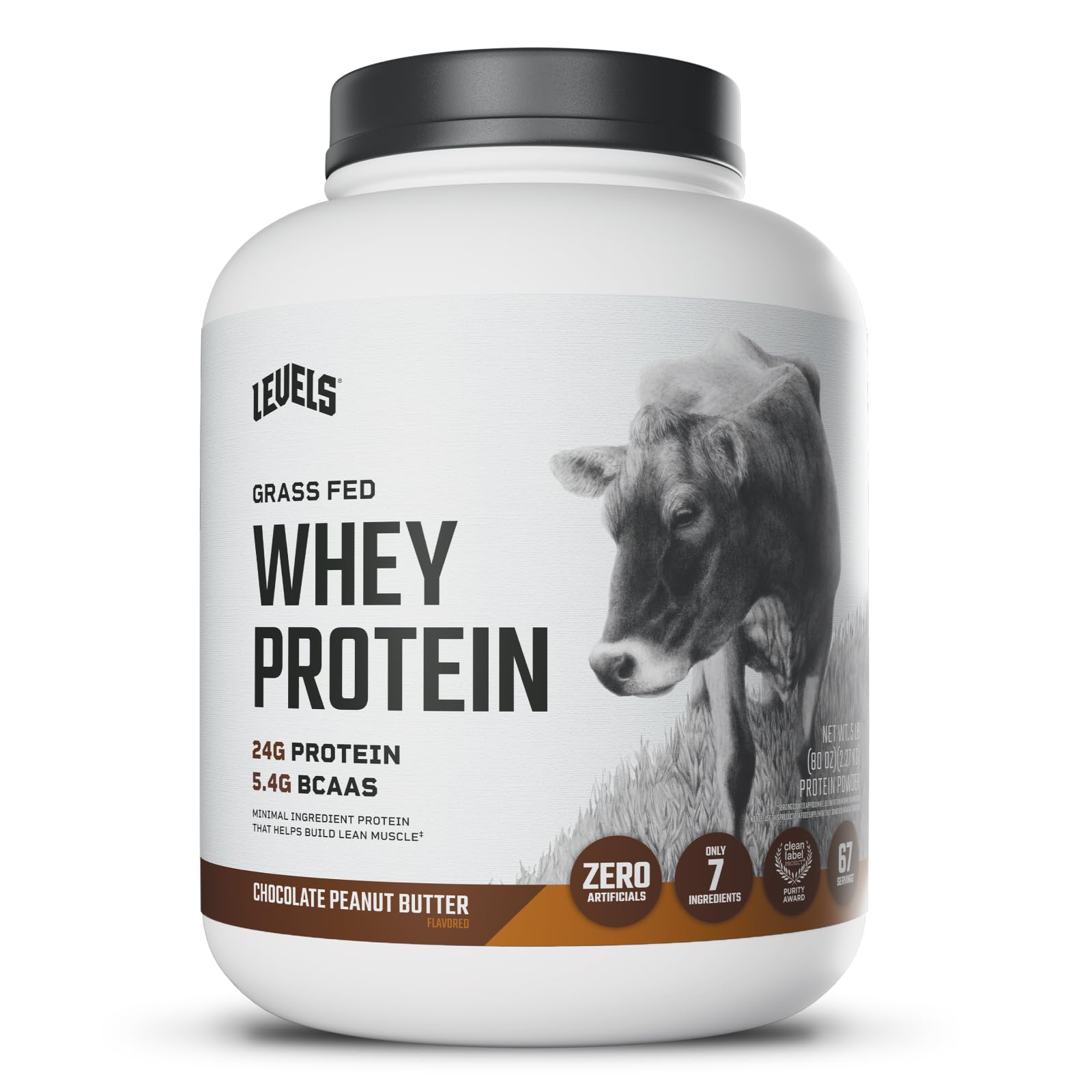 Levels Grass Fed Whey bottle showcases chocolate peanut butter flavor for lean protein