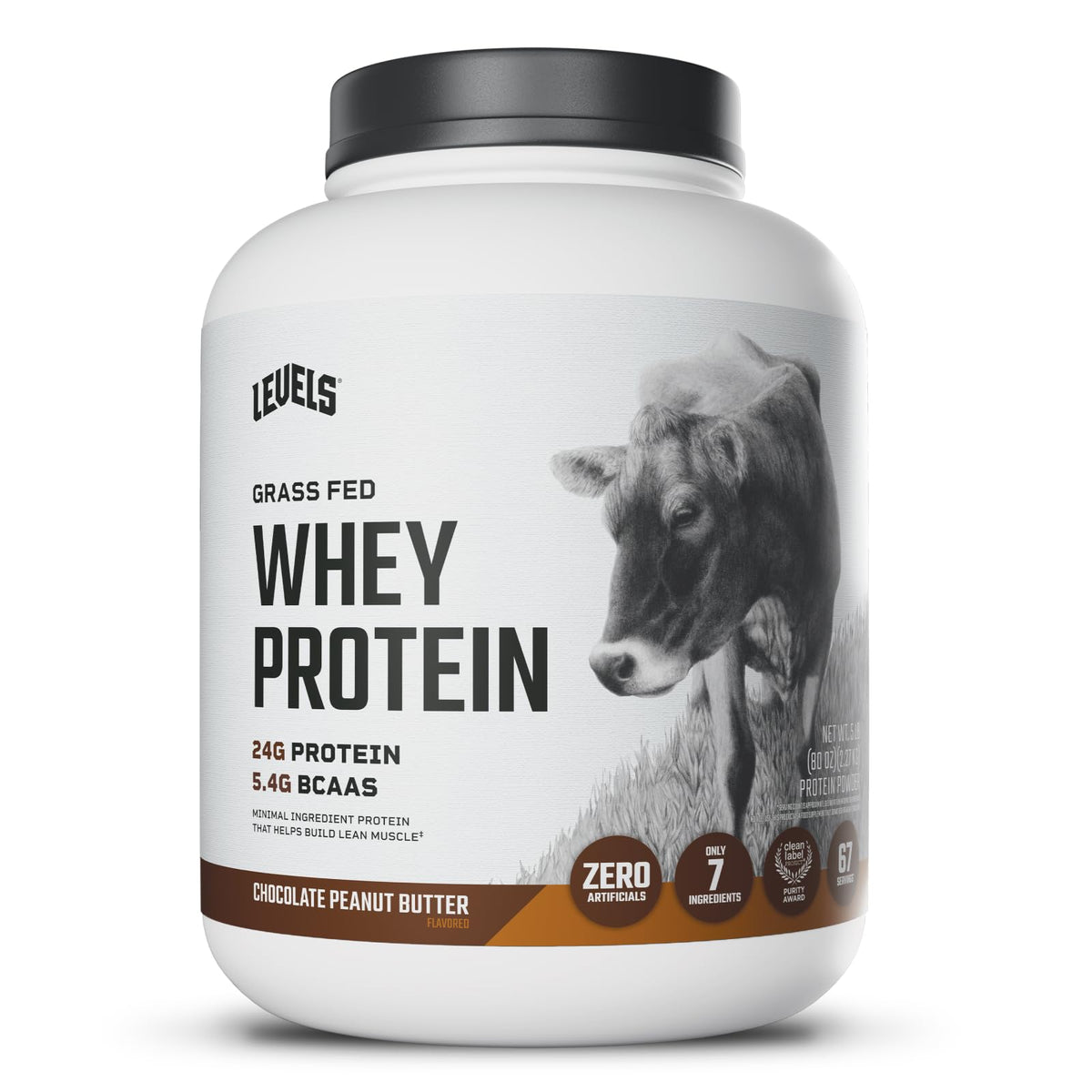 Levels Grass Fed Whey bottle showcases chocolate peanut butter flavor for lean protein