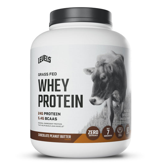 Levels Grass Fed Whey bottle showcases chocolate peanut butter flavor for lean protein