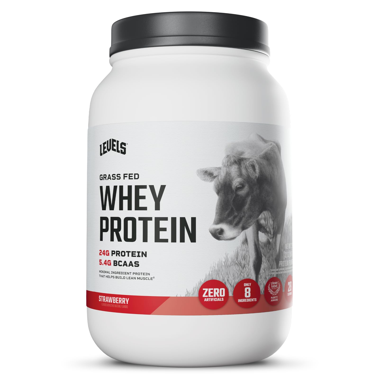 Levels Grass Fed Whey bottle in strawberry flavor, ready for post-workout recovery