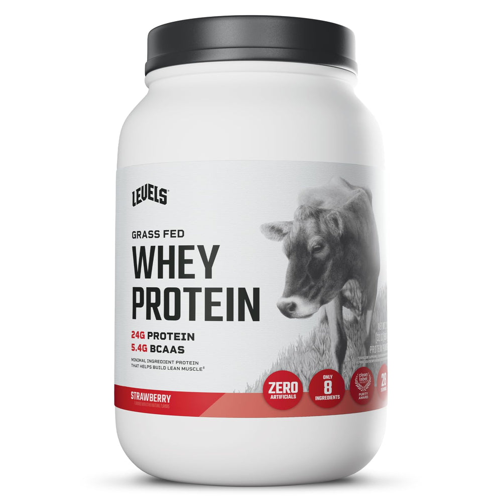 Levels Grass Fed Whey bottle in strawberry flavor, ready for post-workout recovery