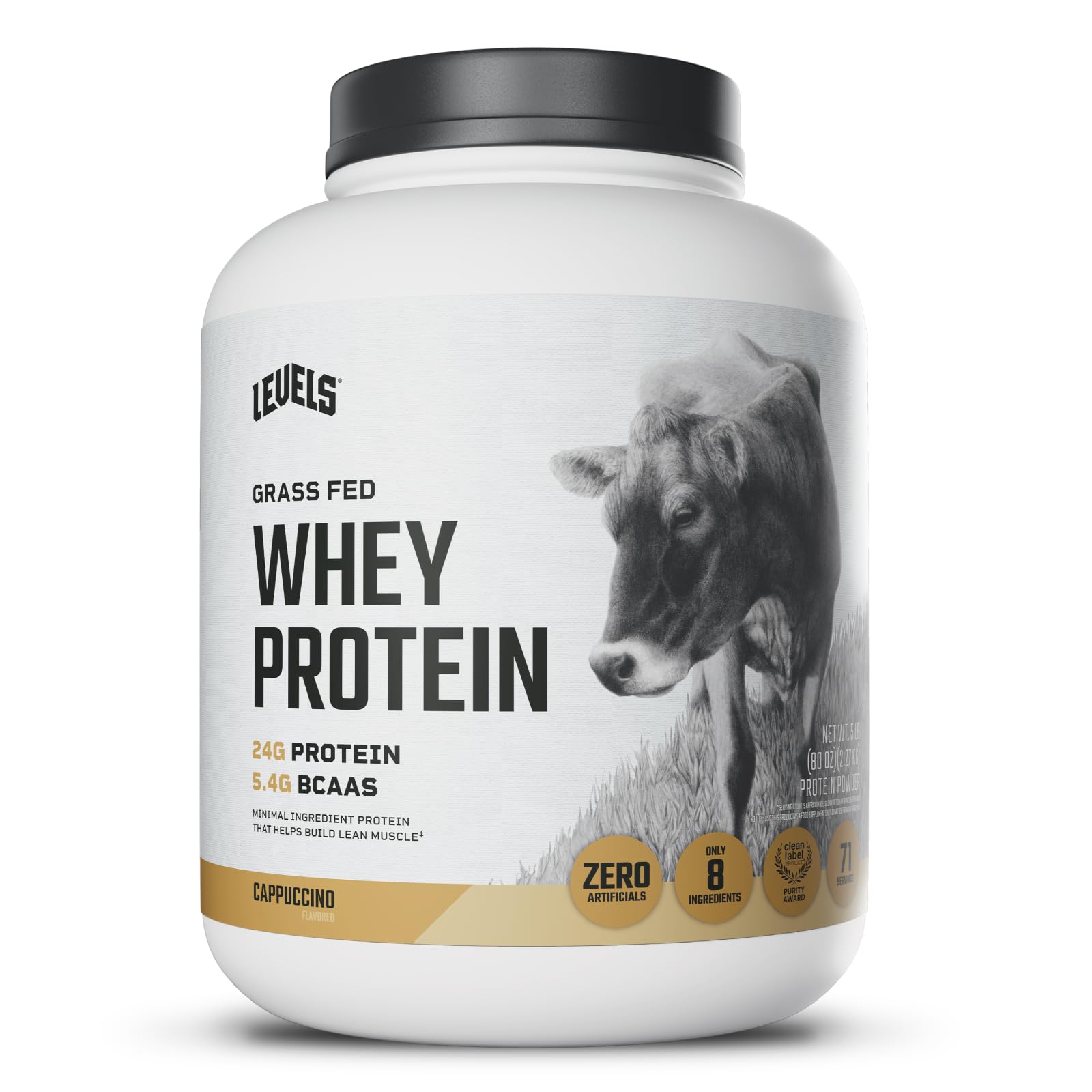 Levels Grass-Fed Whey Cappuccino tub front signals clean, high-protein nutrition.