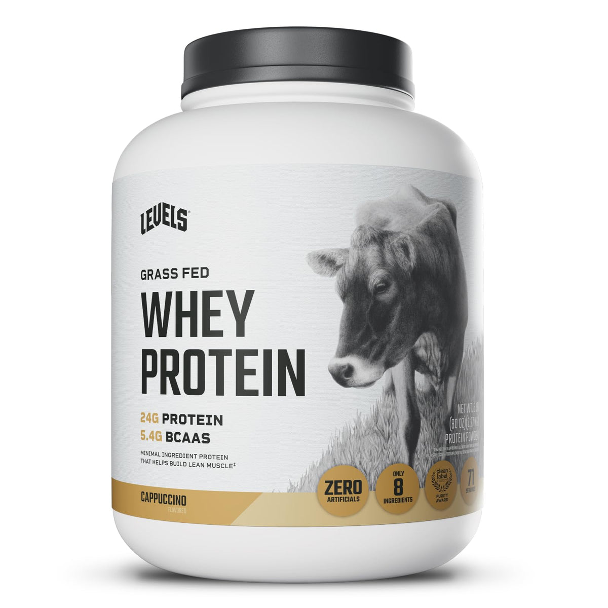 Levels Grass-Fed Whey Cappuccino tub front signals clean, high-protein nutrition.