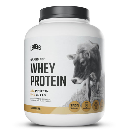 Levels Grass-Fed Whey Cappuccino tub front signals clean, high-protein nutrition.