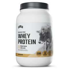 Levels Grass-Fed Whey Cappuccino tub signaling premium protein for daily fueling.
