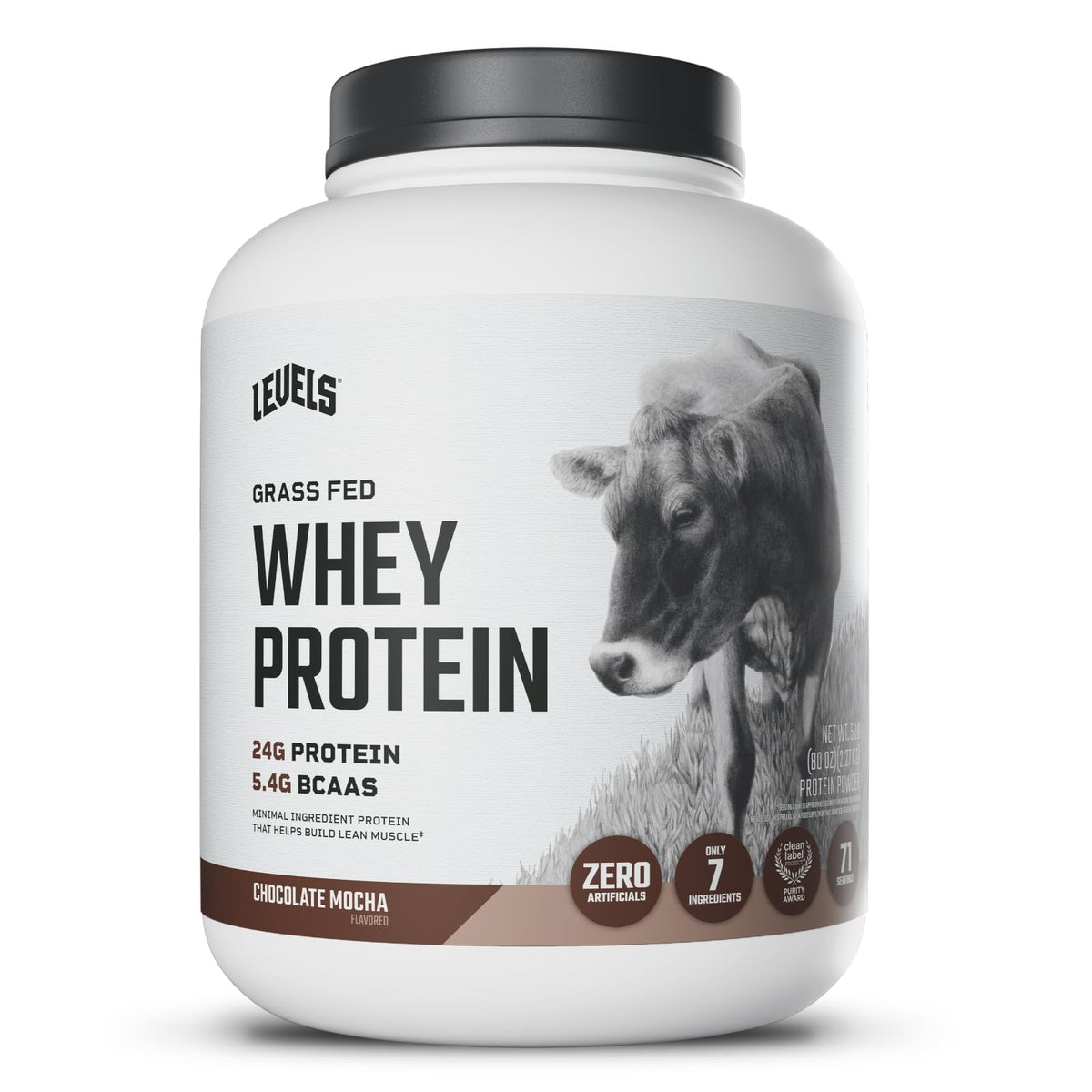 Levels Grass-Fed Whey Chocolate Mocha packaging highlights a clean label for daily protein.