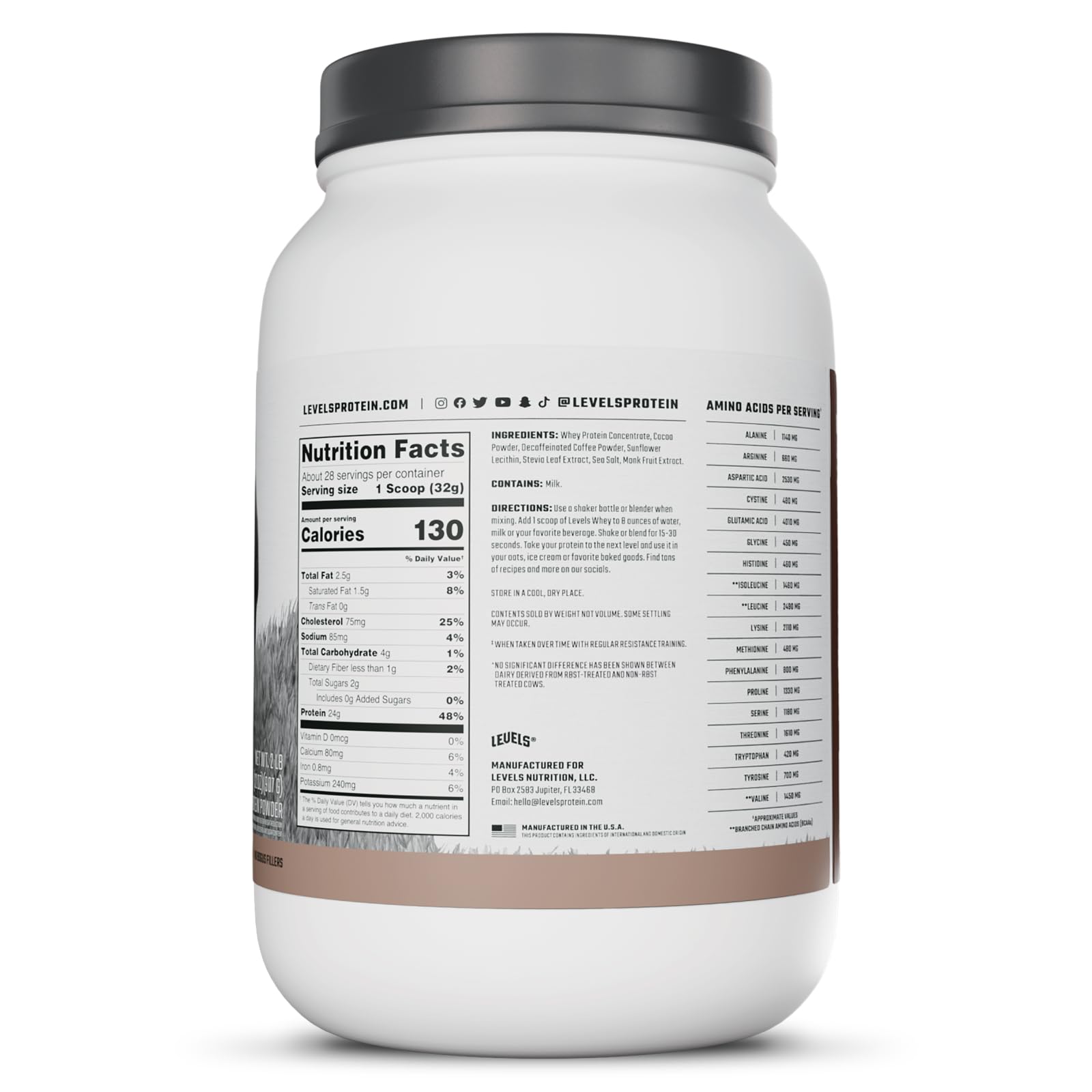 Levels Grass Fed Whey Chocolate Mocha ingredient panel shows no artificial flavors or sweeteners