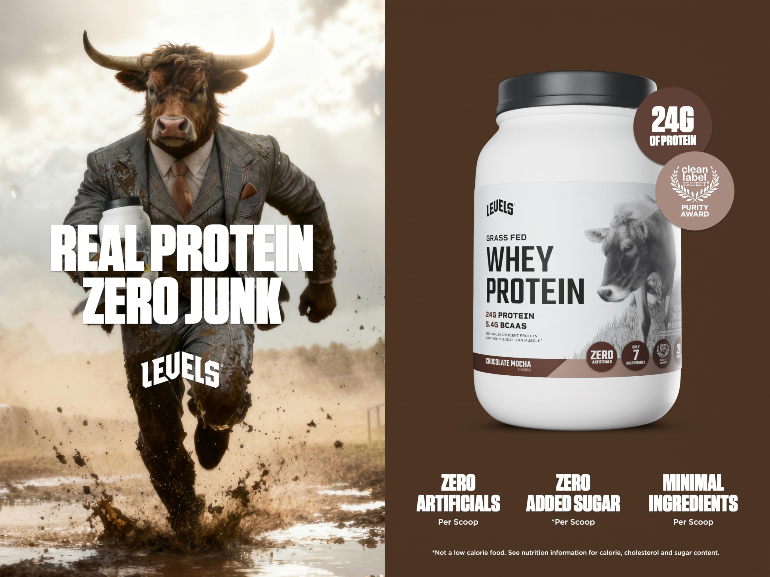 Levels Grass Fed Whey Chocolate Mocha scoop on tub for precise portions