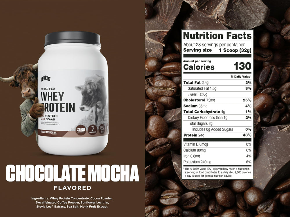 Levels Grass Fed Whey Chocolate Mocha shake in glass demonstrates quick post-workout protein