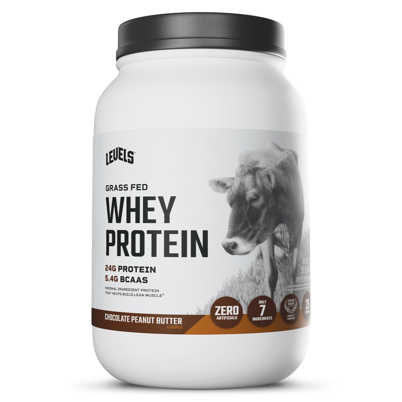 Levels Grass Fed Whey container front highlights premium protein for daily fueling.