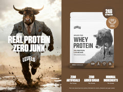Close-up of Levels Grass Fed Whey label highlighting clean ingredients