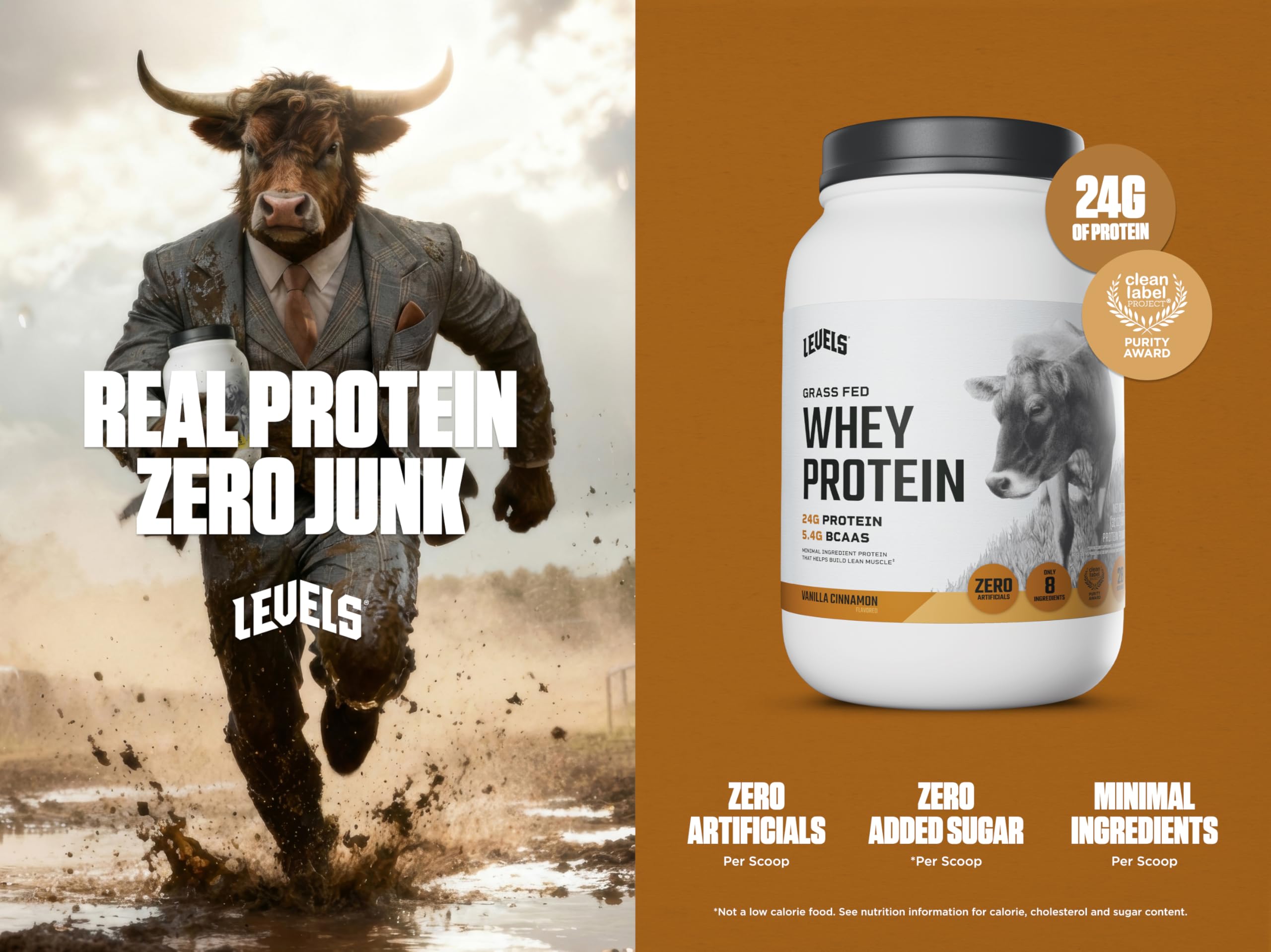 Levels Grass Fed Whey label close-up showing Vanilla Cinnamon flavor.