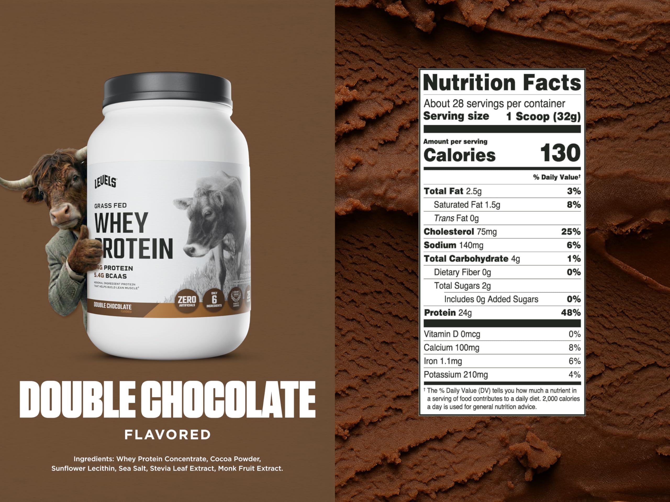 Levels Grass Fed Whey nutrition facts show 24 g protein per serving