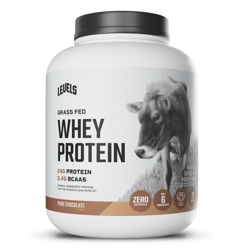 Levels Grass Fed Whey Powder container showing 24g protein per serving.