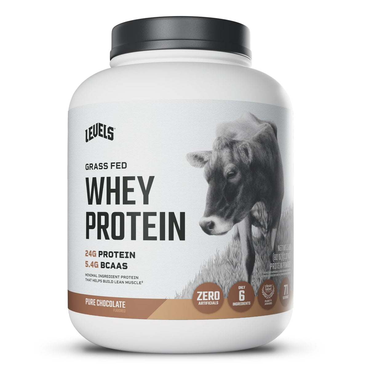 Levels Grass Fed Whey Powder container showing 24g protein per serving.