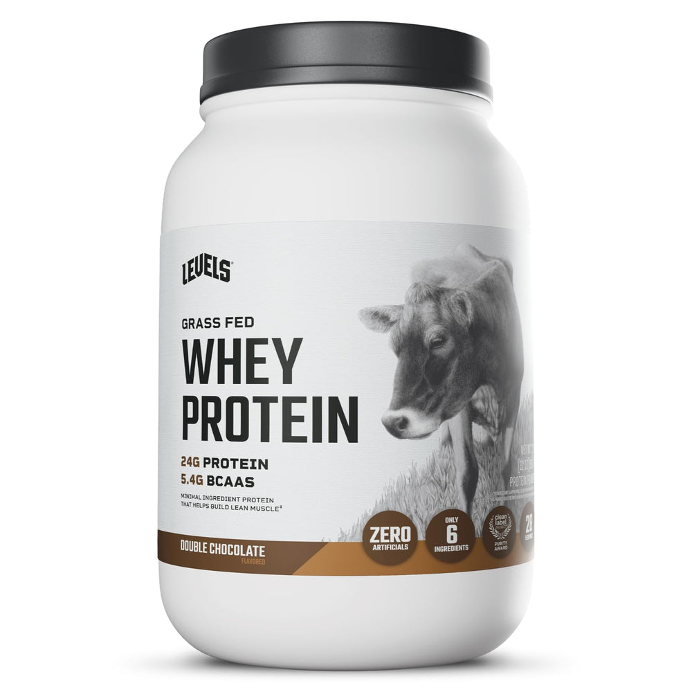 Levels Grass Fed Whey Powder double chocolate bottle ready for shakes