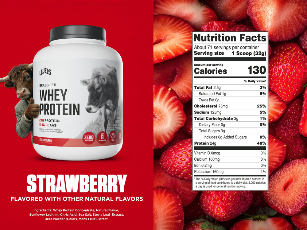 Levels Whey Strawberry pour showing quick mix and smooth texture.
