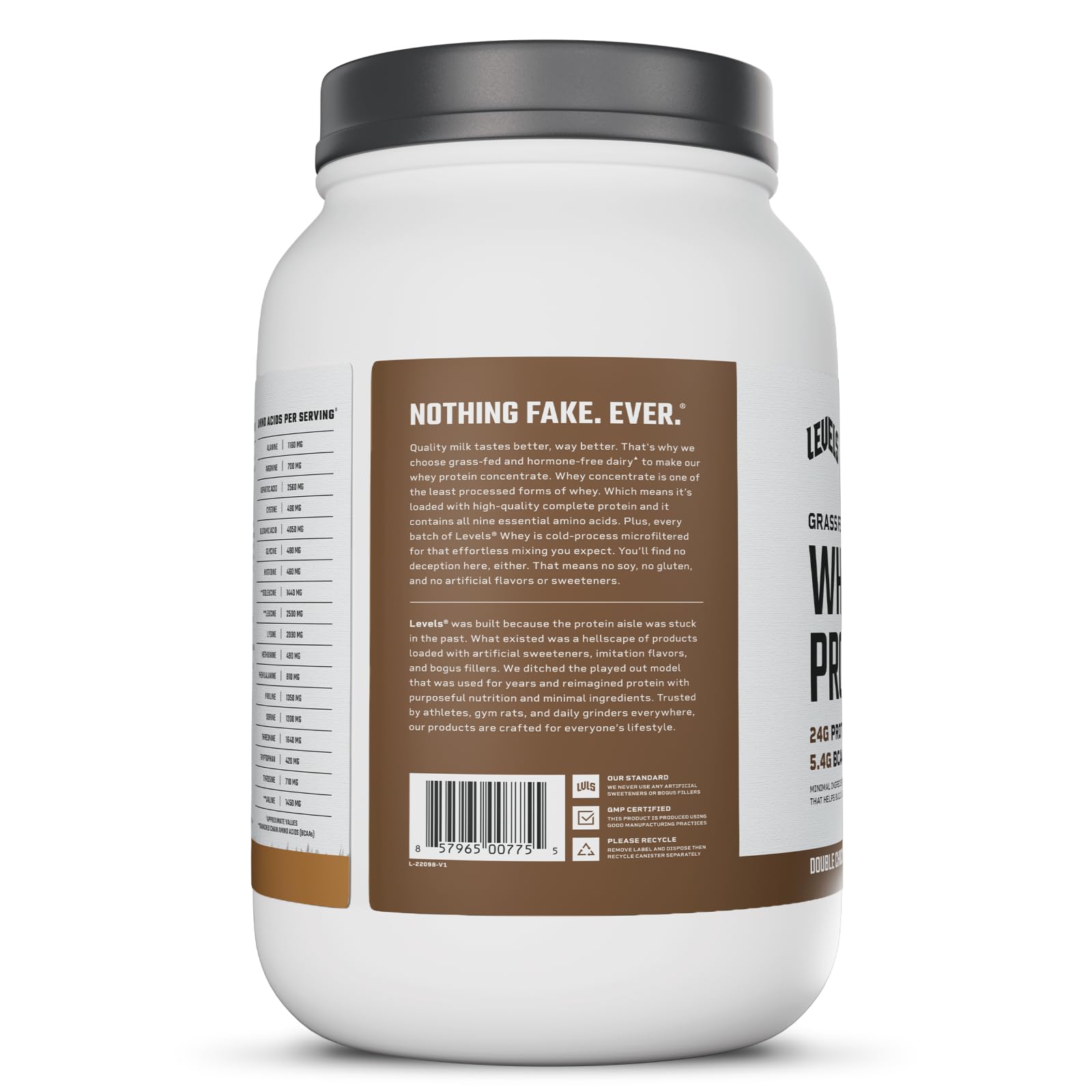 Levels Grass Fed Whey Powder on shelf ready for workouts