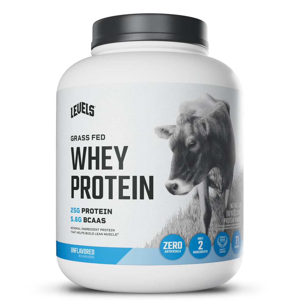 Levels grass-fed whey powder container, showing a clean protein source for daily fueling.