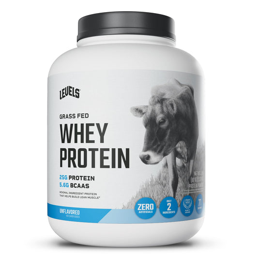 Levels grass-fed whey powder container, showing a clean protein source for daily fueling.