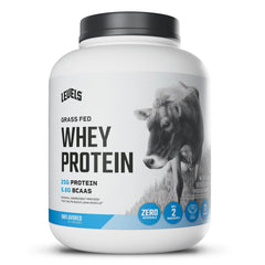 Levels grass-fed whey powder container, showing a clean protein source for daily fueling.