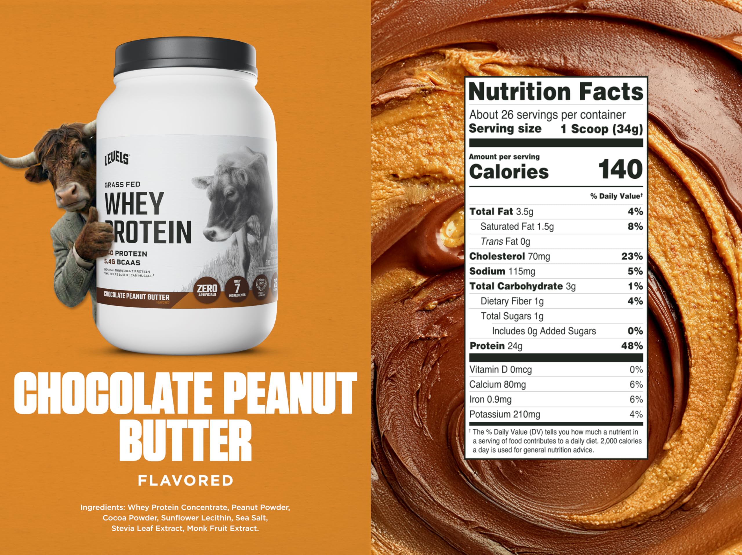 Levels Grass Fed Whey scoop 24g highlights protein potency for workouts.