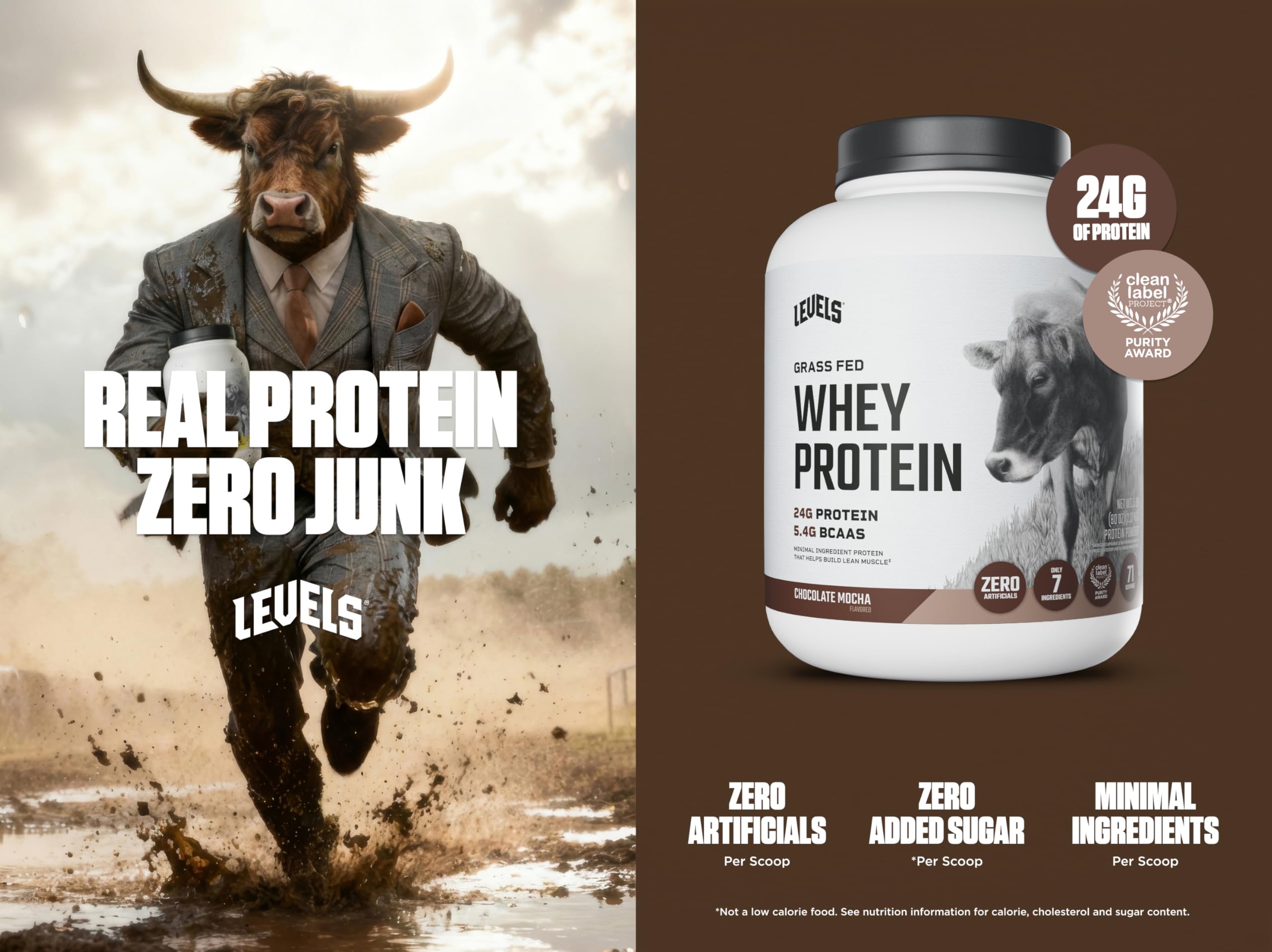 Scoop of Levels Grass-Fed Whey delivers 24g protein per serving for fueling.
