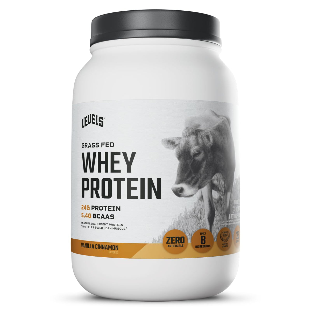 Levels Grass Fed Whey tub with Vanilla Cinnamon label for clean protein.