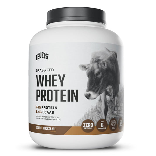 Levels Grass-Fed Whey tub for clean protein in daily shakes.