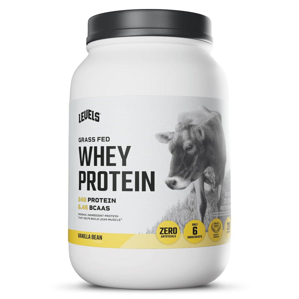 Levels Grass Fed Whey Vanilla Bean bottle shows clean ingredients for a daily protein boost.