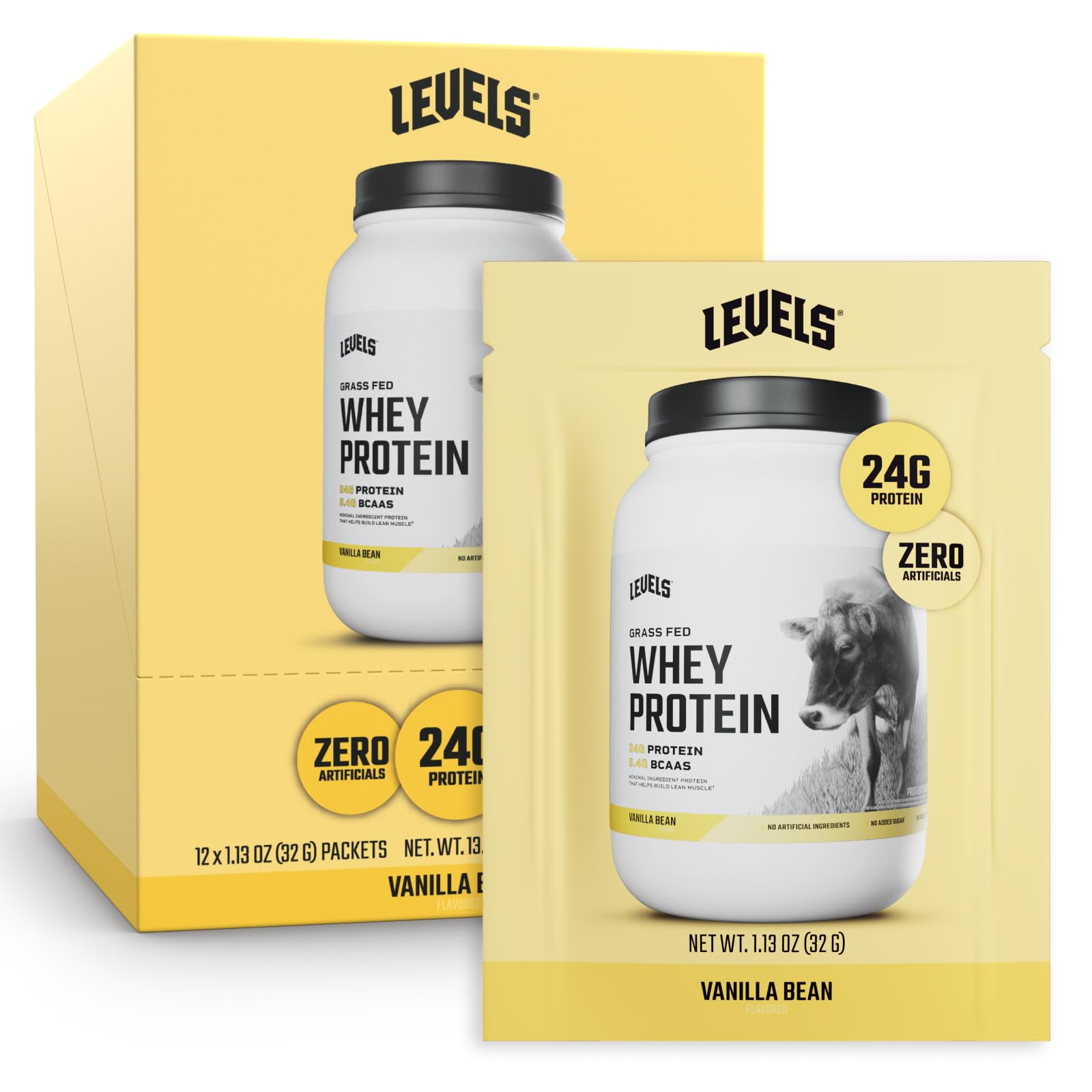 Levels Grass Fed Whey Vanilla Bean jar shows premium protein for daily fueling.