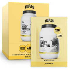 Levels Grass Fed Whey Vanilla Bean jar shows premium protein for daily fueling.