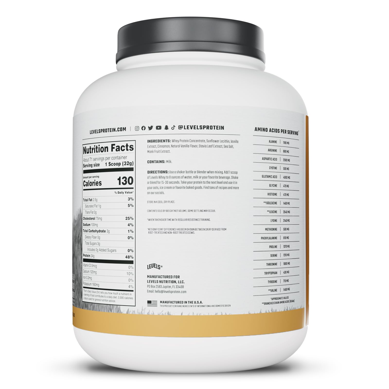 Levels Grass Fed Whey Vanilla Cinnamon close-up reveals creamy powder texture.