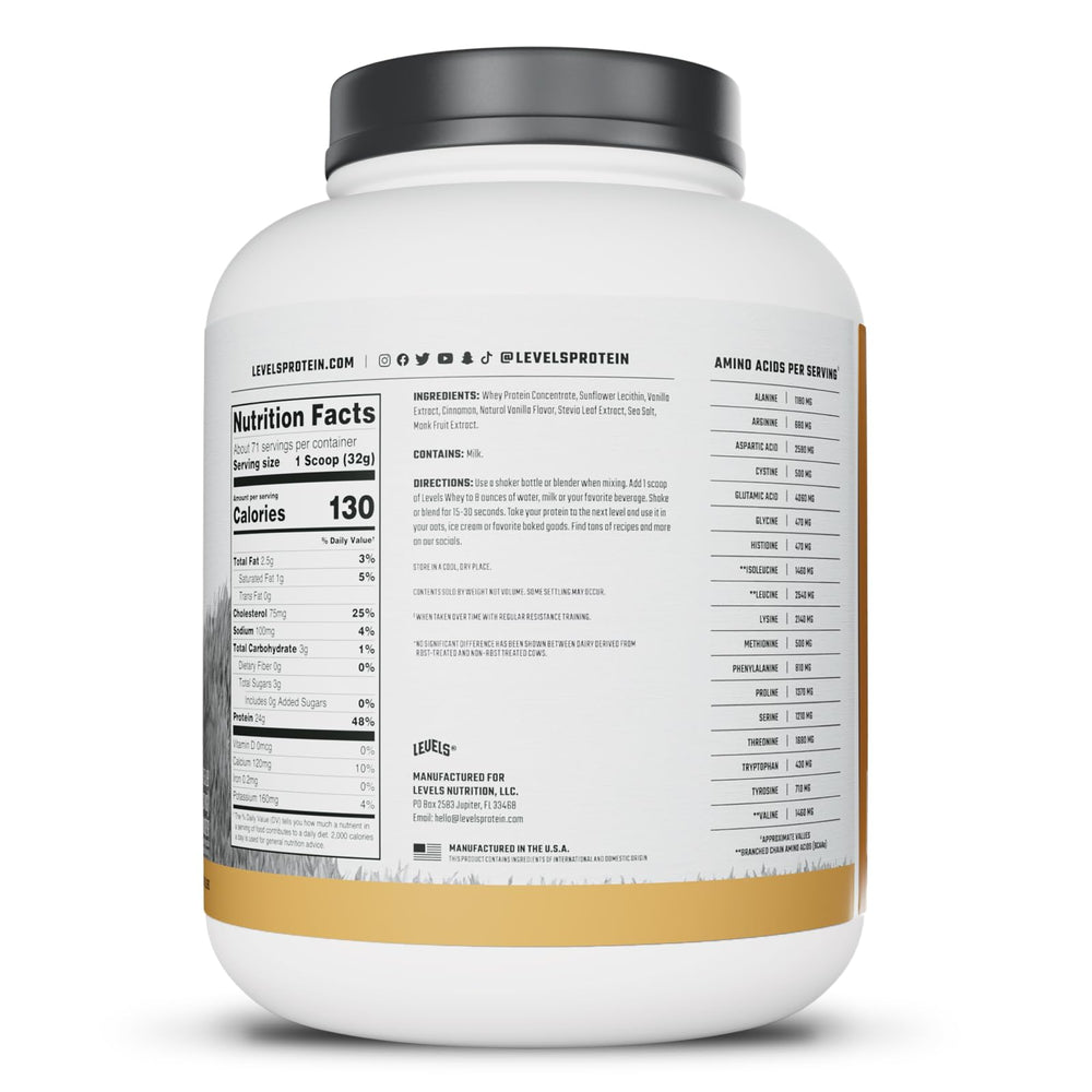 Levels Grass Fed Whey Vanilla Cinnamon close-up reveals creamy powder texture.