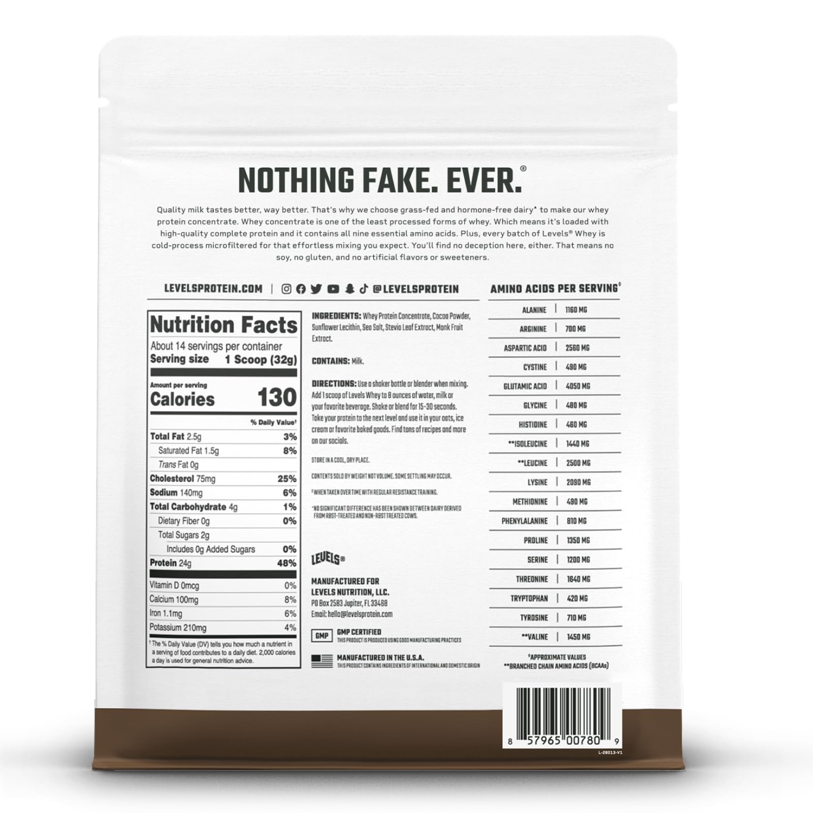 USA-made badge on Levels Grass Fed Whey signals quality